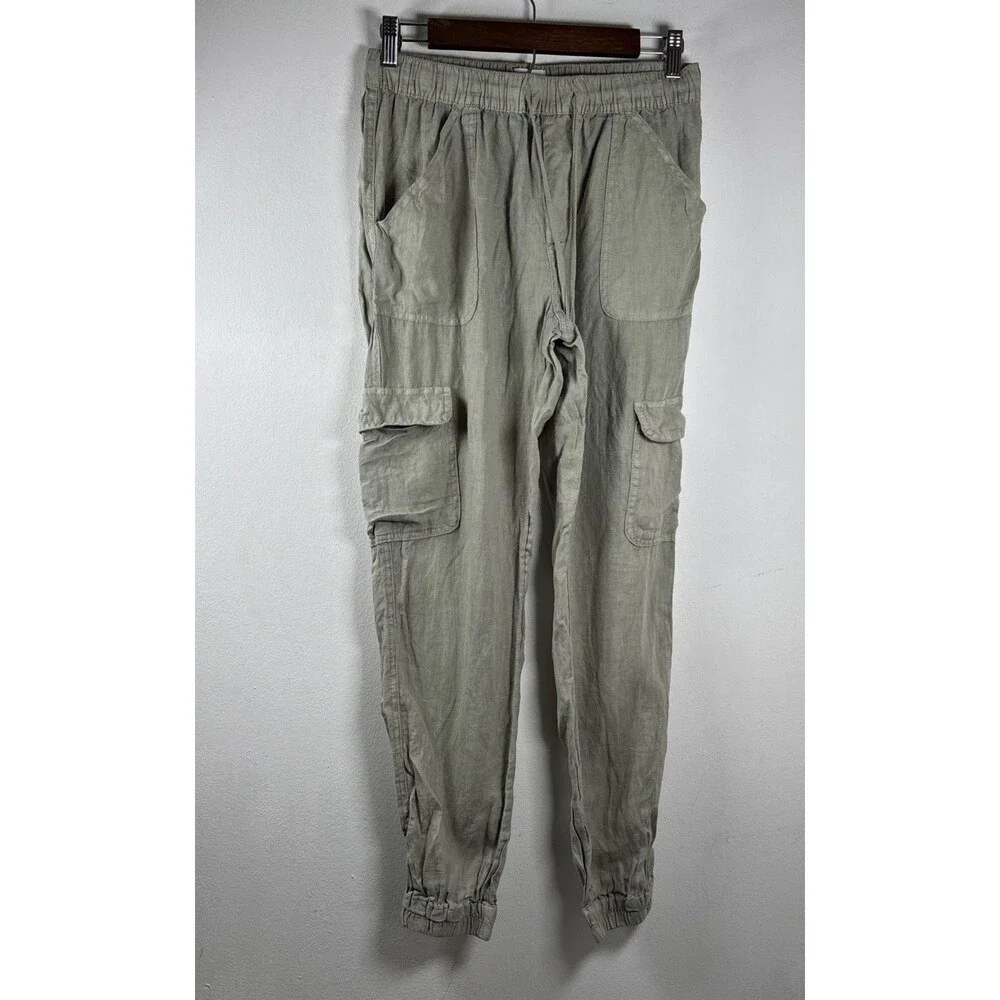 Nicole Miller New York 100% Linen Cargo Jogger Pant Women’s S Sage Green pull on